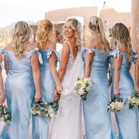 Charming Blue Sheath Off-Shoulder Silk Satin Long Bridesmaid Dress,PD231223 - Thumbnail 1