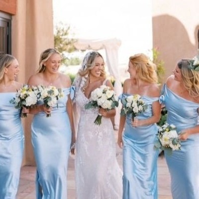 Charming blue sheath off-shoulder silk satin long bridesmaid dress,pd231223