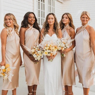 Sheath champagne halter neck silk satin long bridesmaid dress ,pd231225