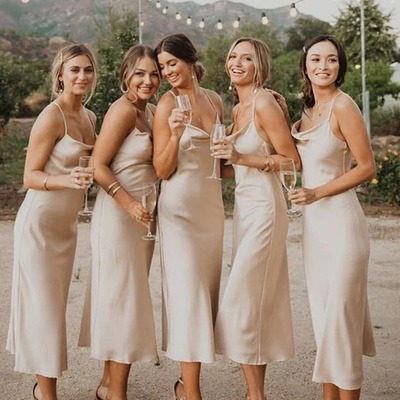 Sheath champagne cowl neck silk satin long bridesmaid dress ,pd231226