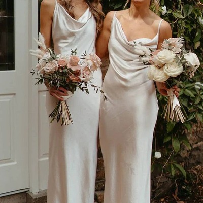 Sheath ivory cowl neck silk satin long bridesmaid dress  ,pd231227