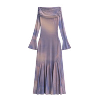 Sexy one-shoulder dress long skirt atmosphere tie-dye waist mesh transparent fleshy trumpet sleeve skirt - Thumbnail 4