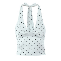 Retro V-neck camisole top with backless polka dot print halter neck short vest - Thumbnail 1