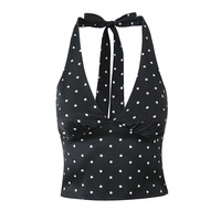 Retro V-neck camisole top with backless polka dot print halter neck short vest - Thumbnail 2