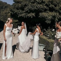 Charming Sheath Silk Satin Long Scoop Neck Bridesmaid Dresses with Slit,PD231233 - Thumbnail 3