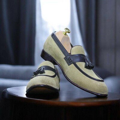 Handmade men's beige leather suede moccasin shoes