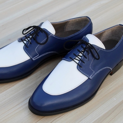 Crafted leather classic blue white leather dress shoes - Thumbnail 4