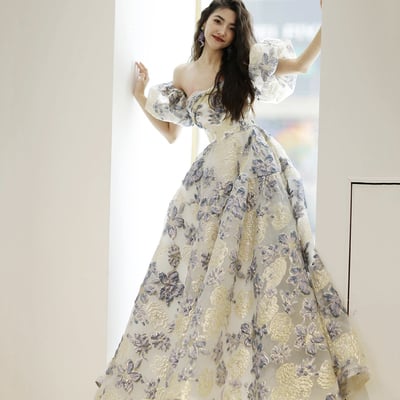 Beautiful floral print floor length prom dress, a-line evening party dress - Thumbnail 1
