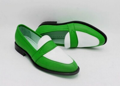 Crafted Leather Classic Green White Leather Loafers Dress Shoes