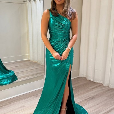 Charming one shoulder green metallic satin mermaid prom dress with slit,pd231238