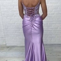 Elegant Light Purple Mermaid V Neck Elastic Satin Prom Dress with Appliques,PD231241 - Thumbnail 1