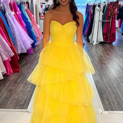 Cute yellow ball gown strapless tulle tiered prom dresses ,pd231247