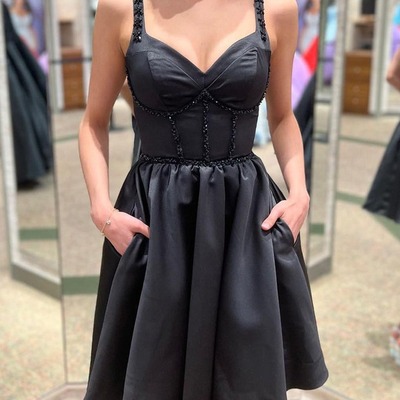 Cute black a line sweetheart straps satin short homecoming dresses with pockets ,pd231248