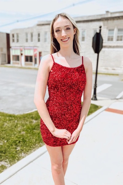Cute Red Bodycon Scoop Neck Sequins Short Homecoming Dresses ,PD231250