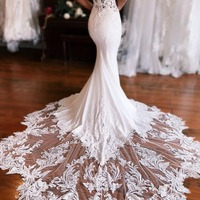 Gorgeous V Neck Elastic Satin Mermaid Wedding Dresses with Appliques,PD231253 - Thumbnail 1