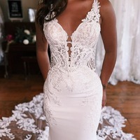 Gorgeous V Neck Elastic Satin Mermaid Wedding Dresses with Appliques,PD231253 - Thumbnail 2