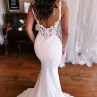Gorgeous V Neck Elastic Satin Mermaid Wedding Dresses with Appliques,PD231253 - Thumbnail 3