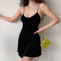 Sexy Lace-up Black Velvet Sling Dress - Thumbnail 3