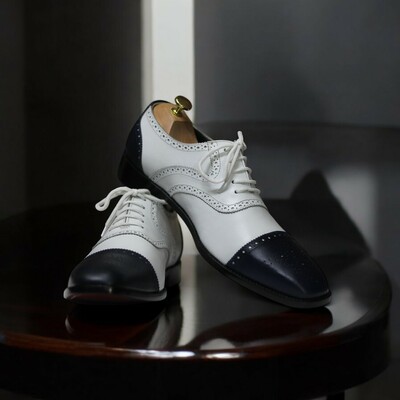 Handmade Black & White Leather Cap Toe Oxford Shoes For Men's