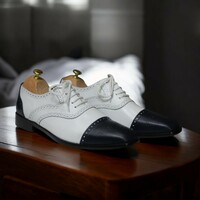 Handmade Black & White Leather Cap Toe Oxford Shoes For Men's - Thumbnail 1