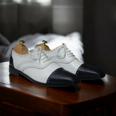 Men's handmade black & white leather cap toe dress shoes 