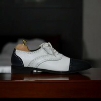Handmade Black & White Leather Cap Toe Oxford Shoes For Men's - Thumbnail 2