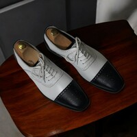 Handmade Black & White Leather Cap Toe Oxford Shoes For Men's - Thumbnail 3