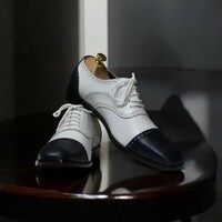 Men's Handmade Black & White Leather Cap Toe Dress Shoes  - Thumbnail 4