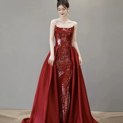 Burgundy satin sequins long prom party dress - Thumbnail 1