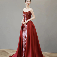 Burgundy Satin Sequins Long Prom Party Dress - Thumbnail 1