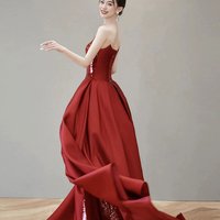 Burgundy Satin Sequins Long Prom Party Dress - Thumbnail 2