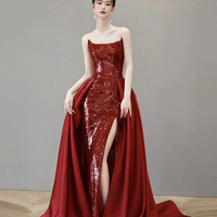 Burgundy Satin Sequins Long Prom Party Dress - Thumbnail 3