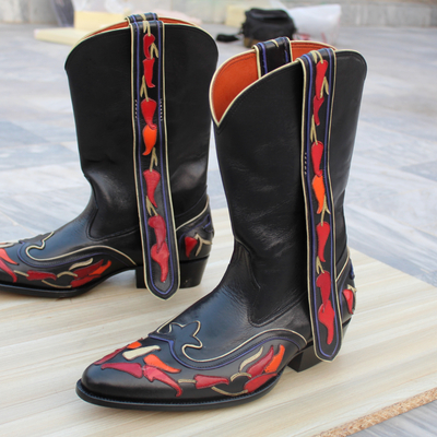 Crafted leather classic dress shoes black fancy designer cowboy ankle high boot