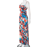 Colorful printed suspender buttoned hollow backless pleated long skirt - Thumbnail 4