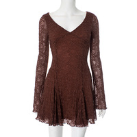 Lace patchwork V-neck long-sleeved slim skirt - Thumbnail 5
