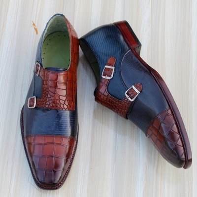 Crafted leather classic luxury brown blue crocodile leather monk strap dress shoes - Thumbnail 3