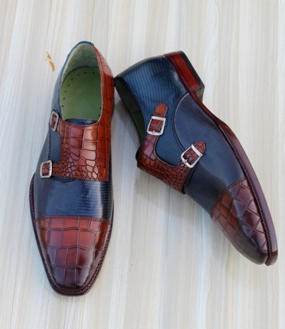 Crafted Leather Classic Luxury Brown Blue Crocodile Leather Monk Strap Dress Shoes