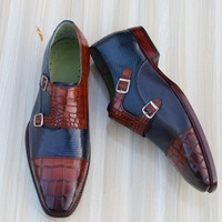 Crafted Leather Classic Luxury Brown Blue Crocodile Leather Monk Strap Dress Shoes - Thumbnail 1