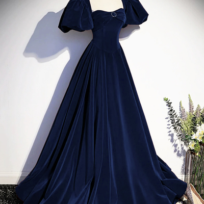 Blue velvet floor length prom dress, a-line open back evening dress with pearls - Thumbnail 1