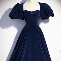 Blue Velvet Floor Length Prom Dress, A-Line Open Back Evening Dress with Pearls - Thumbnail 2