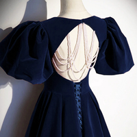 Blue Velvet Floor Length Prom Dress, A-Line Open Back Evening Dress with Pearls - Thumbnail 3