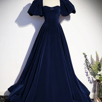Blue Velvet Floor Length Prom Dress, A-Line Open Back Evening Dress with Pearls - Thumbnail 4