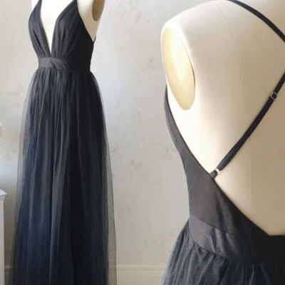 Simple v neck tulle long prom gowns