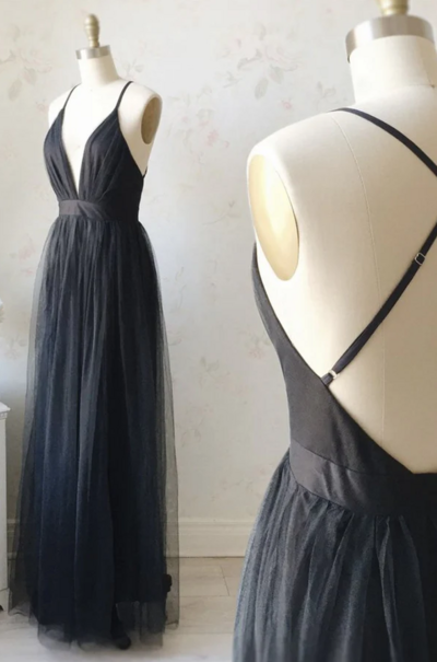 Simple V Neck Tulle Long Prom Gowns
