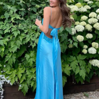Elegant Spaghetti Straps V-neck Long Blue Prom Dresses - Thumbnail 1