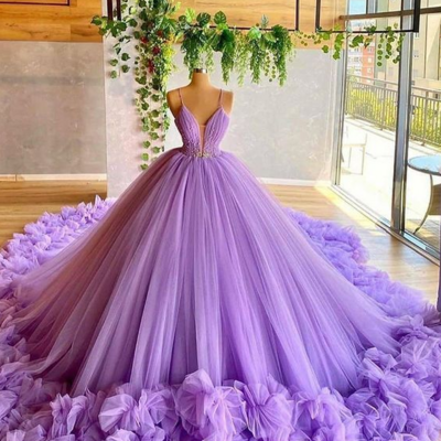 Spaghetti straps lavender beading bodice tulle evening prom dresses