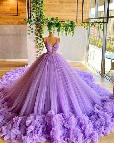 Spaghetti Straps Lavender Beading Bodice Tulle Evening Prom Dresses