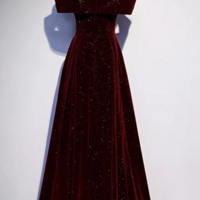 A Line Off Shoulder Burgundy Velvet Prom Dresses - Thumbnail 1