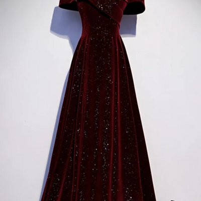 A line off shoulder burgundy velvet prom dresses