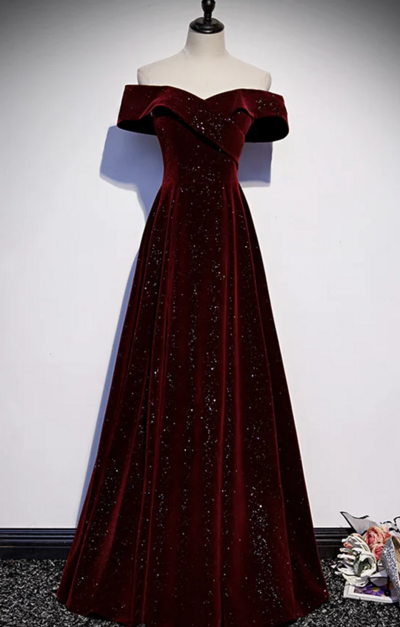 A Line Off Shoulder Burgundy Velvet Prom Dresses